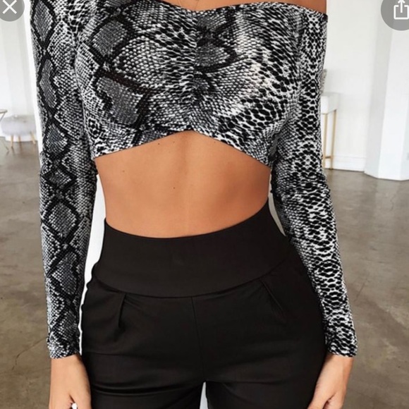 Tiger Mist Snake Print Long Sleeve Gray Crop Top Size S - Picture 2 of 5